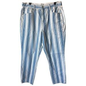 American Eagle Striped Mom Jeans Blue White High Waist Relaxed Leg Size 14